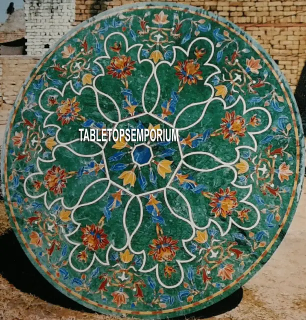 24" Green Marble Pietra Dura Top Coffee Table Floral Mosaic Inlay Hallway