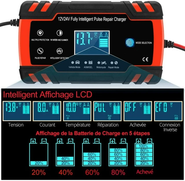 EU Voiture Chargeur de Batterie Intelligent 12/24V LCD Écran pour Moto Voiture