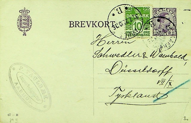 Sephil Dänemark 1922 10o Auf 15o Postal Karte Von Aarhus Düsseldorf Deutschland