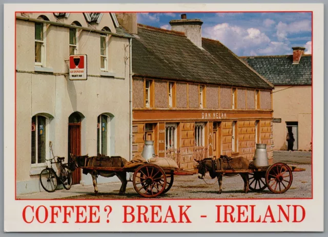 View of Donkeys with Carts outside Bar Ireland Postcard