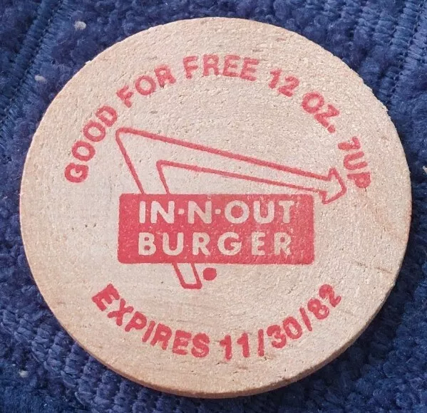 Vintage In N Out Burger Wooden Nickel Free 12 Oz 7up Expired 11/30/1982 Soda Pop