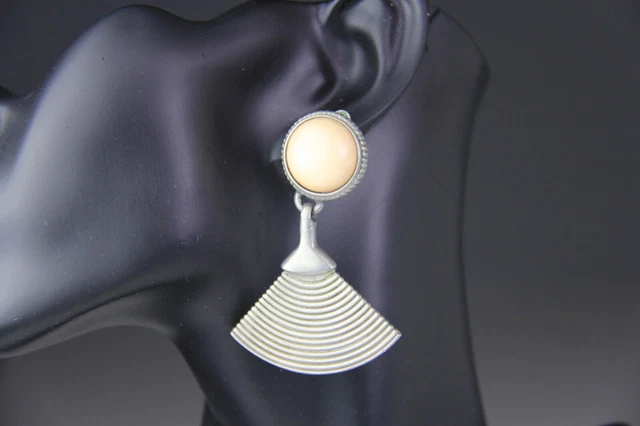 Fabulous Vintage Ben Amun Pewter Tone Fan Themed Statement Earrings