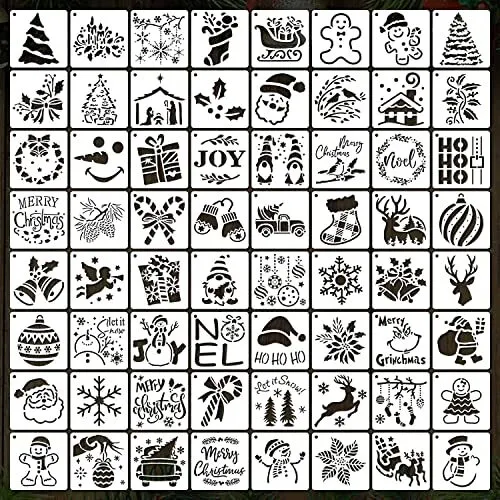 64Pcs Small Christmas Stencils, 3X3 Inch Reusable Craft Stencil for Painting on