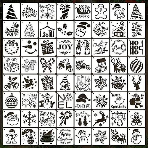 64Pcs Small Christmas Stencils, 3X3 Inch Reusable Craft Stencil for Painting on