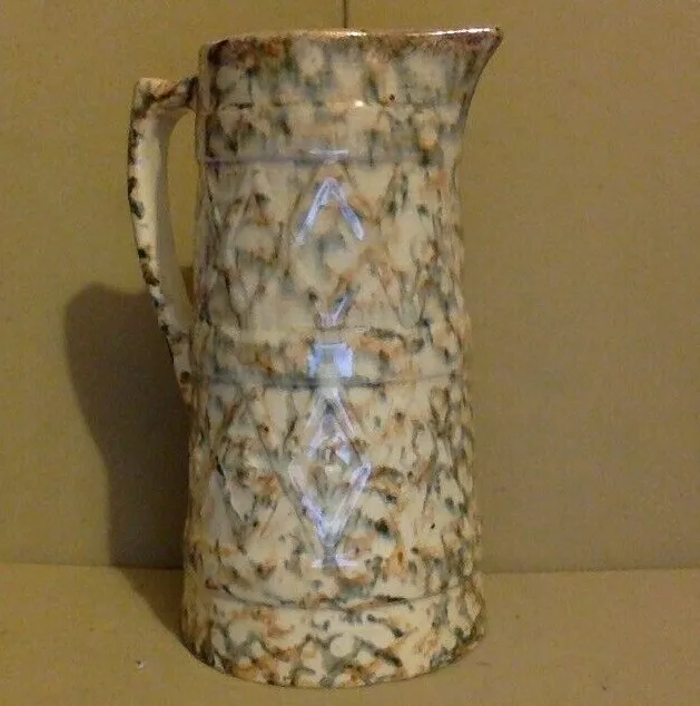Antique Stoneware Pottery. 6" Green & Brown Sponge Ware Pitcher. 9 1/2" Tall