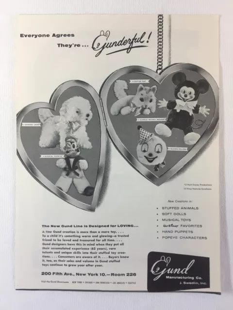 1959 Gund Herstellung Handel Anzeige ~ Mickey Maus, Popeye, Mehr