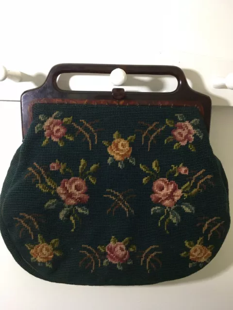 1950s Embroidered Tapestry Carpetbag, Vintage Top Handle Purse, Mid Century Bag