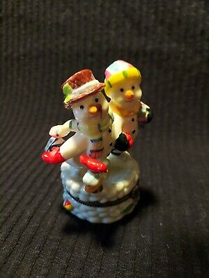 Snowman Family in Snow Hinged Porcelain Trinket Box Signed JH