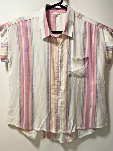 En Creme Womens  Tunic Top pink White Size Med Button Up Blouse Stripes