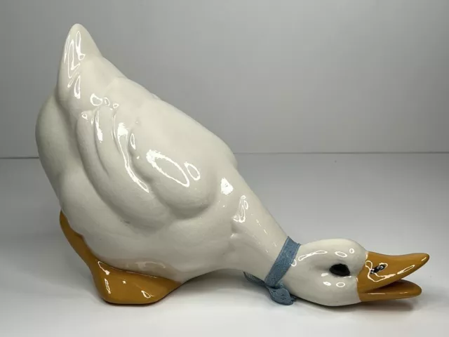 Vtg Ceramic White Yellow Duck Goose Garden Farmhouse Figurine With Blue Bow