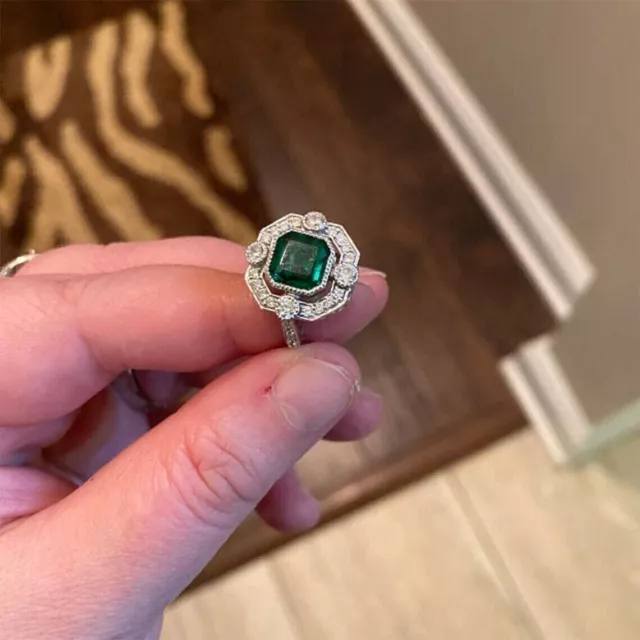 Art Deco Asscher Cut Green Emerald & Lab-Created Diamond Wedding 925 Silver Ring
