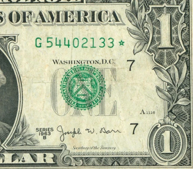 ** STAR ** $1 1963 B ((JOSEPH BARR)) Federal Reserve Note DAILY CURRENCY AUCTION
