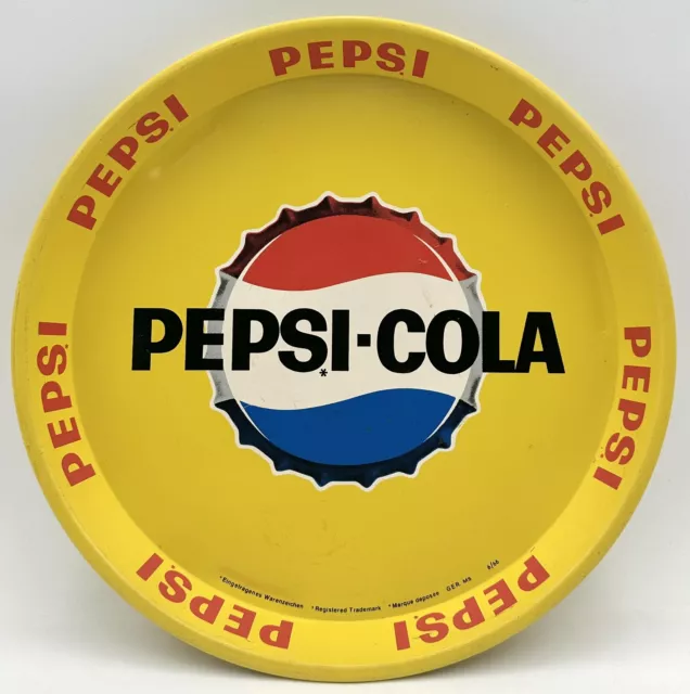 Vintage Pepsi Cola Germany Metal Round Serving Pub Tray Advertising Yellow 1966