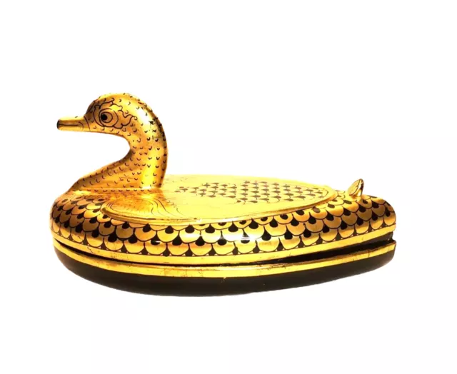Vintage Burmese Lacquerware Duck Shaped Trinket Box Gold Leaf Trim