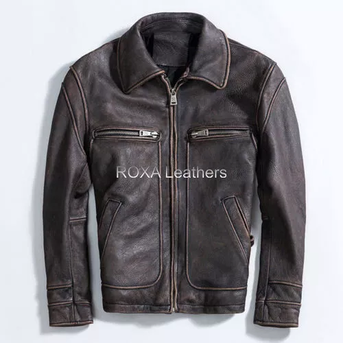 NEW Men Genuine Cow Hide 100% Real Leather Jacket Urban Motorcycle Collared Coat