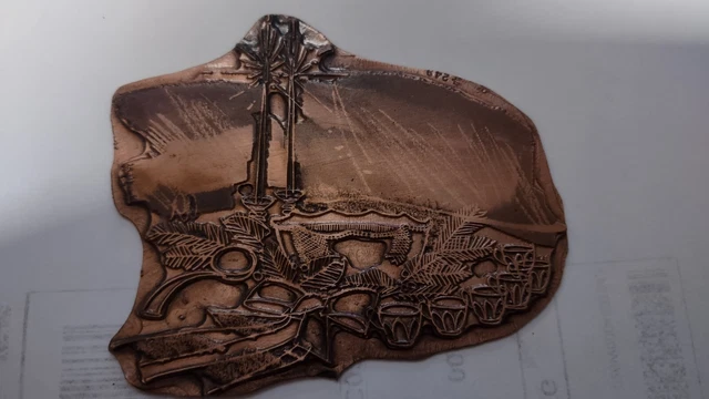 antique Vintage PRINTING PLATE* copper / palm tree / beach