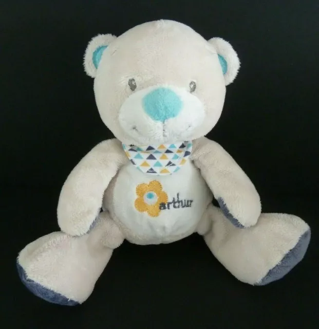 *. Doudou Peluche Arthur Et Lola Ours  Blanc Ecru Bleu Jaune Foulard Ttbe