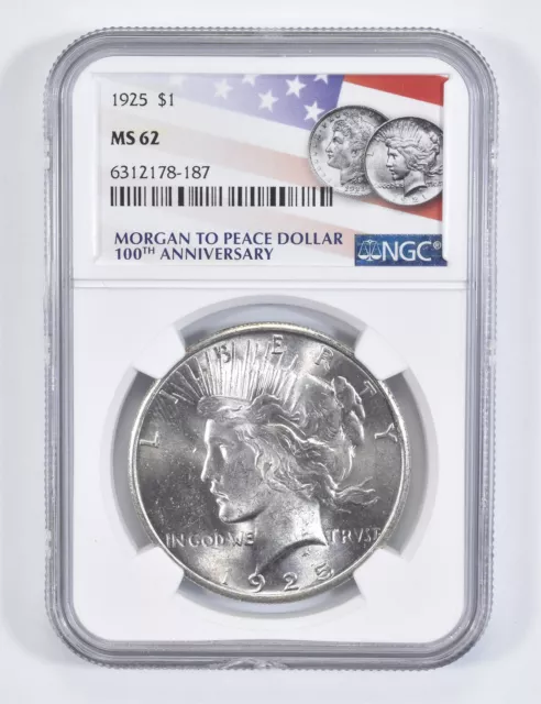 1925 MS62 MS 62 Peace Silver Dollar NGC 2021 100th Ann Flag Label *0945