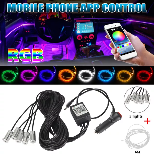 6M RGB LED Car Interior Neon EL Wire Strip Atmosphere Light Kit APP