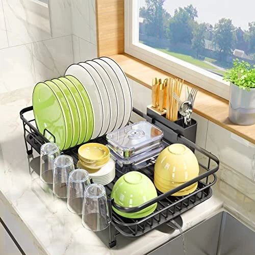 PXRACK Dish Drying Rack Expandable12.8"-21.5" Dish Rack with Utensil Holder C...