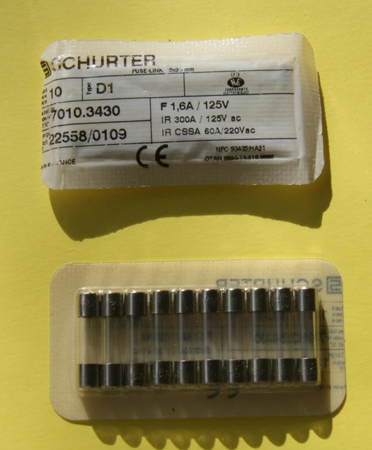10 Fusibles à cartouche D1 1,6A 125V 5X20 Quick Acting schurter 7010.3430