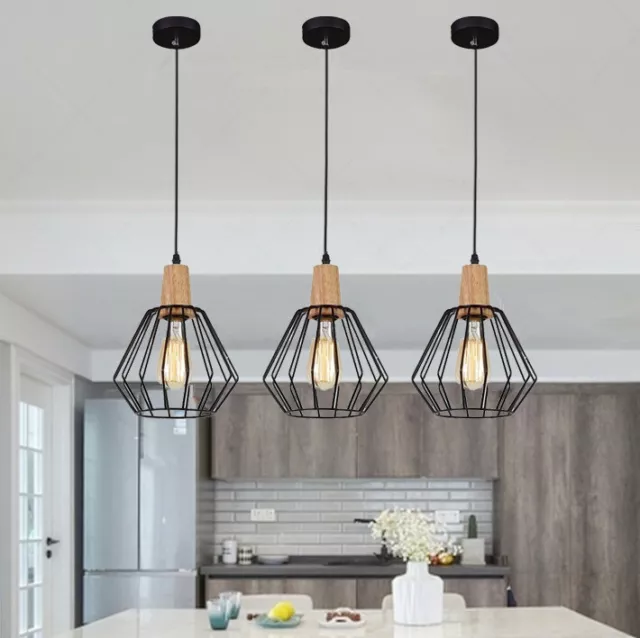 3X Kitchen Pendant Light Bar Lamp Wood Ceiling Lights Black Chandelier Lighting