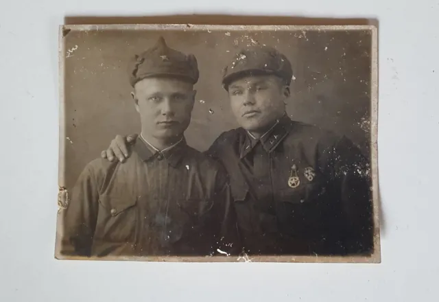 Altes Foto,Zwei Freunde, Original, Offizier der Roten Armee, UdSSR, Budenovka