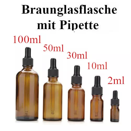 10 x Braunglas Flasche mit Pipette - Leere Pipettenflasche 2, 10, 30, 50 & 100ml
