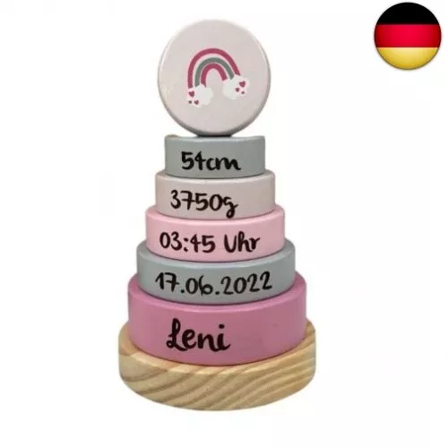 KIDSLINO Geburtsgeschenk Stapelturm Regenbogen rosa I Geschenk zur Geburt I