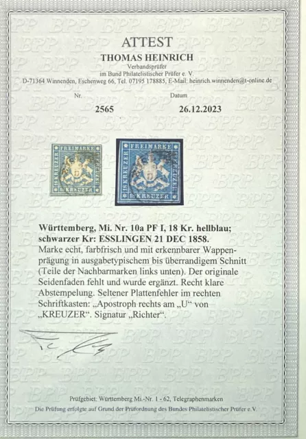 Württemberg - 10a PFI - seltener Plattenfehler - Attest Heinrich BPP! 3500€!