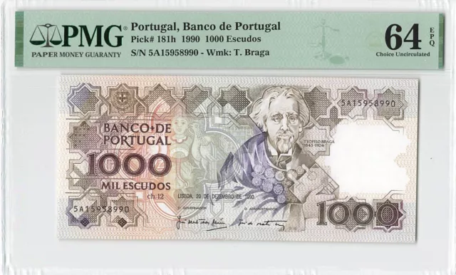 Portugal 1000 Escudos 1990 P-181h PMG 64 EPQ