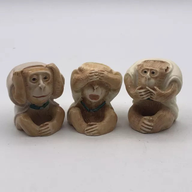 Vintage Resin Set 3 Wise Monkeys Hand Carved Okimono Japan Netsuke Figures