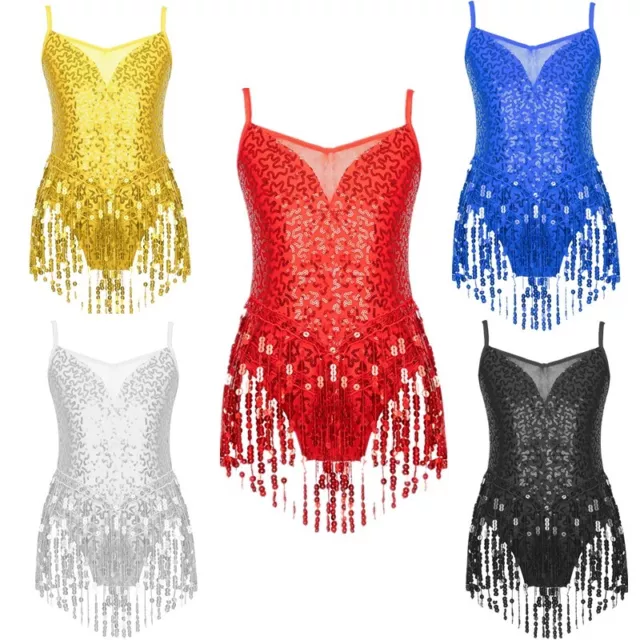 Girls Sequined Tassel Latin Dance Leotard Dress Rumba Samba Salsa Jazz Dresses