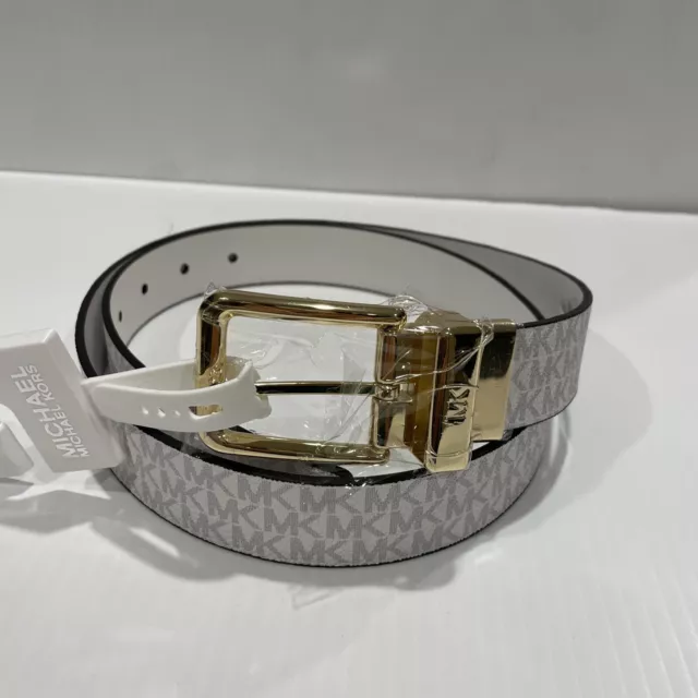 New MICHAEL KORS Twist Reversible Mk Logo WHITE Belt/ Gold Buckle Size SMALL