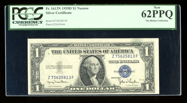 DBR 1935-D $1 Silver Fr. 1613N Narrow ZF Block PCGS 62 PPQ Serial Z75625813F