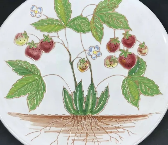 Hand Painted Strawberries Tile Trivet Italian Art Pottery Red & Green Leaves 8” 2