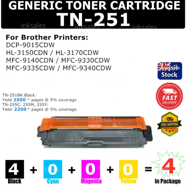 4x Generic Toner TN-251 TN-255 Black For Brother HL3150CDN 3170CDW MFC-9330CDW