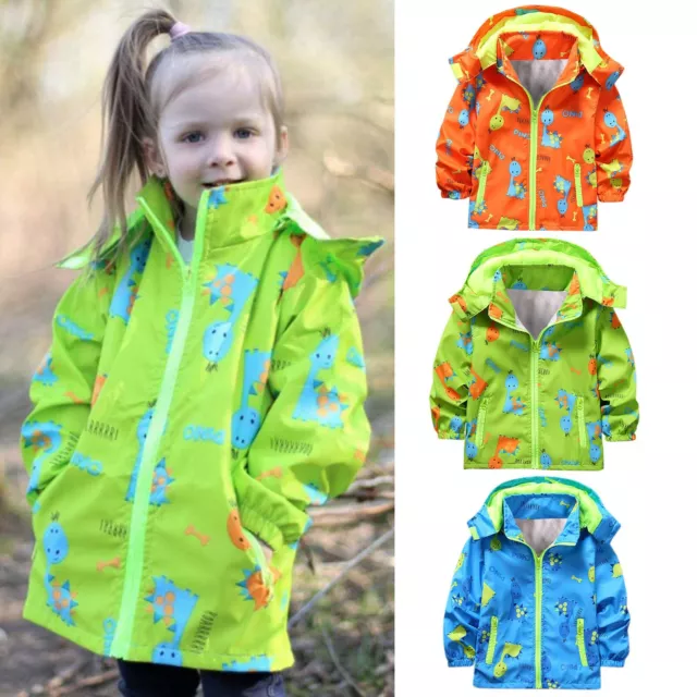 Kids Boys Girls Long Sleeve Dinosaur Patterns Hooded Coats Windbreaker Jacket