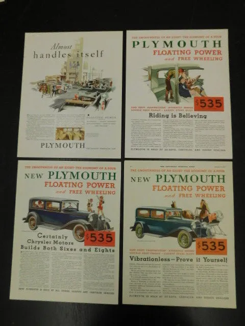 VINTAGE PLYMOUTH CAR ADS 30S 1930's IMPERIAL ORIGINAL SET OF 4 ADVERTISING