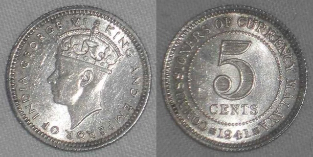Beautiful 1941 Malaya Five Cents Silver Coin Crowned King George VI Left KM #3