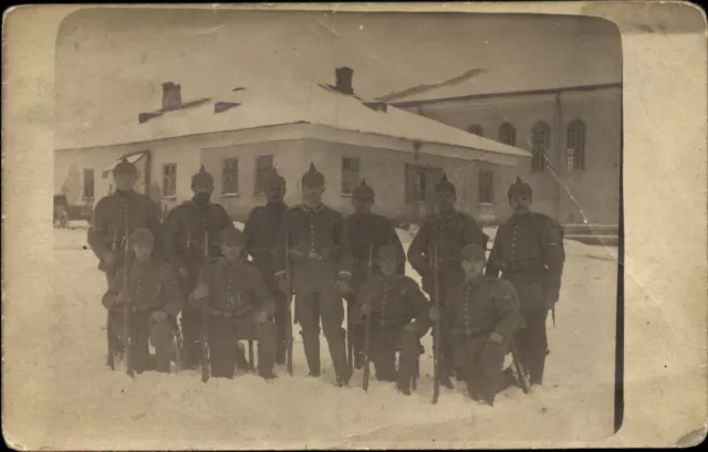 WWI German soldiers snow winter 1915~ pickelhaube helmets rifles RPPC real photo