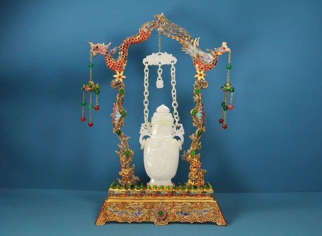 Chinese Exquisite Handmade Gilt Inlaid Hetian Jade Chain Bottle Dragon Phoenix