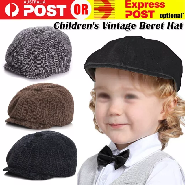 Kids Boys Girls Winter Flat Cap Tweed Herringbone Newsboy Peaky Beret Gatsby Hat