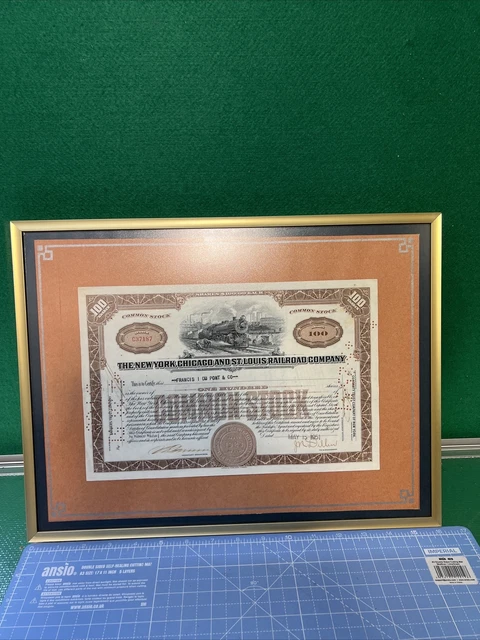 NEW YORK, CHICAGO, ST LOUIS RAILROAD CO FRAMED SHARE CERTIFICATE 100 Shares 1951 NEW YORK, CHICAGO, ST LOUIS RAILROAD CO FRAMED SHARE CERTIFICATE 100 Shares 1951