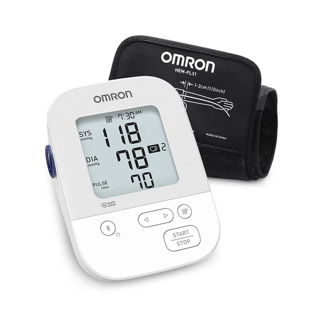 Monitor de presión arterial plateado OMRON, puño superior del brazo, sangre digital Bluetooth...