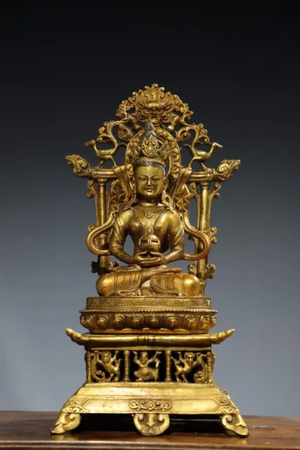 33 cm Chinese Brass Amitayus Buddha Statue Old Bronze gild Buddha Statue