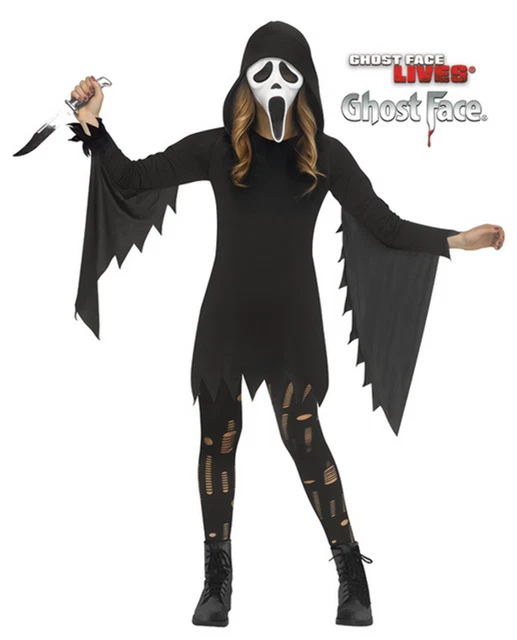 Costume Scream Bambino Completo – Maschera Ghostface + Coltello Insanguinato – Tunica Nera – Travestimento Horror Halloween Per Bambini E Bambine 6-14 Anni