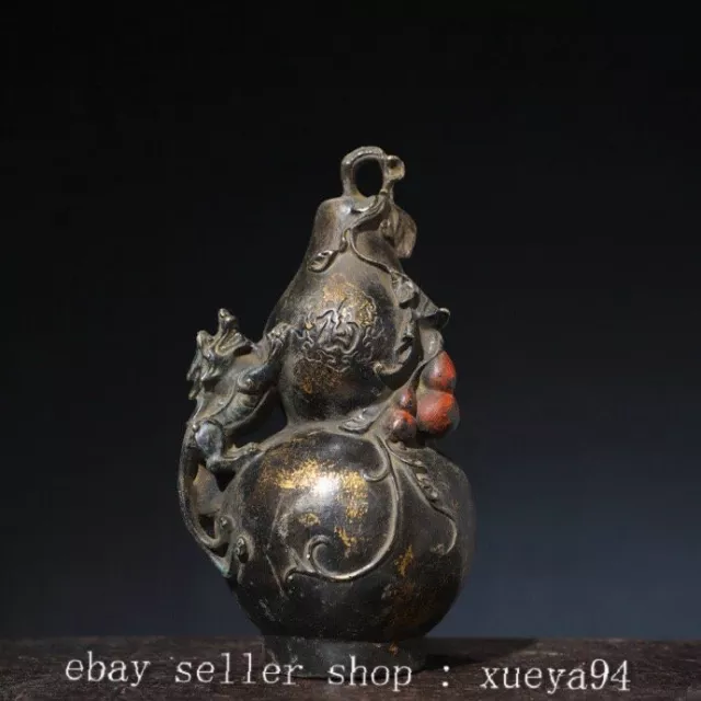 9" Chinese Ancient Bronze Feng Shui Wealth Unicorn Gourd Statue Sculpture