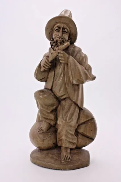Hand Carved Wood Man Musician Flute Hat Vtg Antique Figure Folk Art Nice Detail