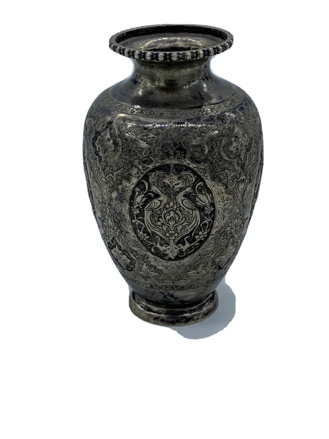 Antique Persian Qajar Era Extremely Detailed Silver Vase